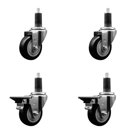 Service Caster 3.5'' Black Poly Wheel Swivel 1-1/4'' Expanding Stem Caster Set 2 Brakes, 4PK SCC-EX20S3514-PPUB-BLK-2-PLB-2-114